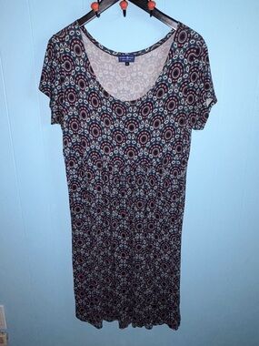 Patterned Scoop Neck Midi Dress in Teal & Burgundy. Pockets!
